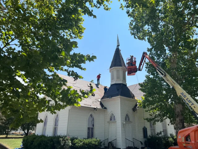 Church roof replacement in progress